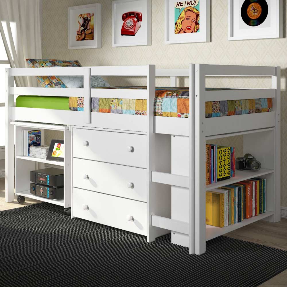 white twin loft bed with desk