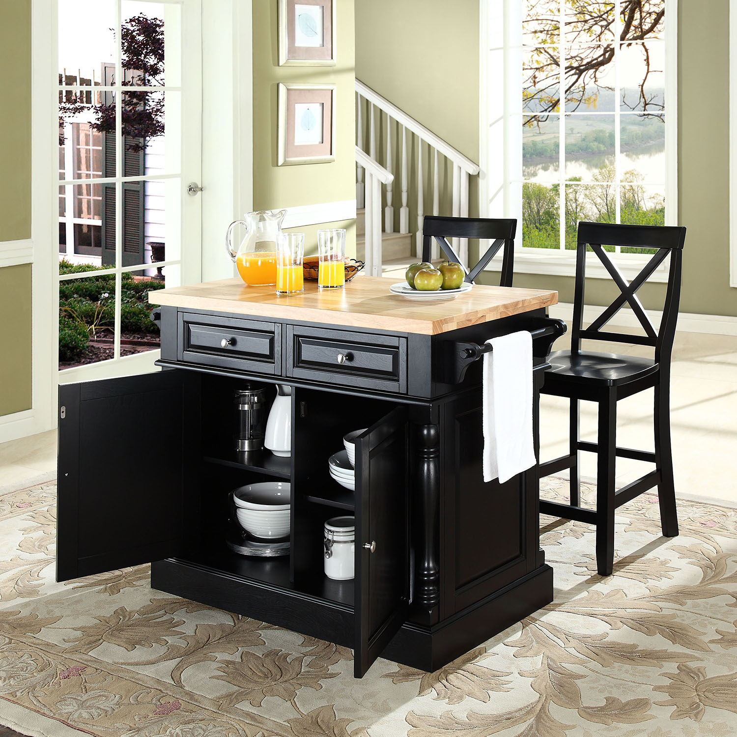 Butcher Block Top Kitchen Island With X Back Stools Black DCG Stores   Kf300063bk 3 