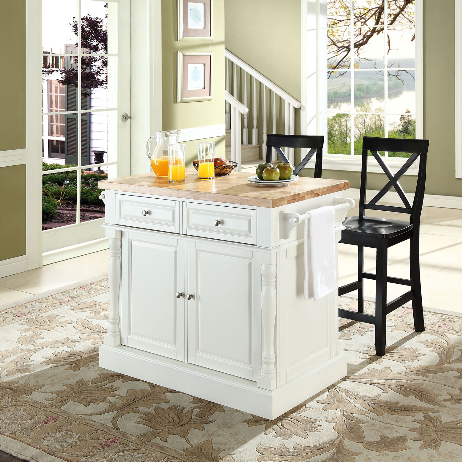 Butcher Block Top Kitchen Island With Black X Back Stools White DCG   Kf300063wh 2 