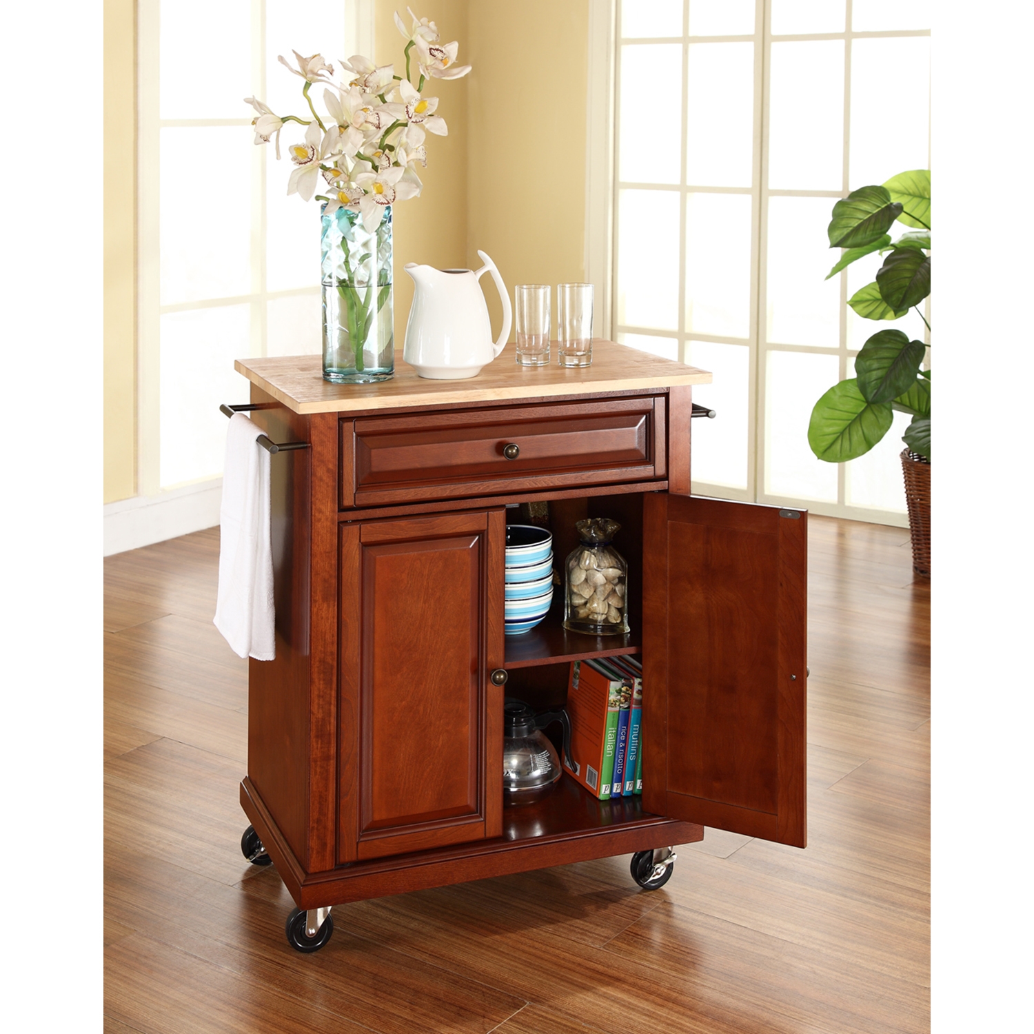 Natural Wood Top Portable Kitchen Cart Island Classic Cherry DCG Stores   Kf30021ech 2 