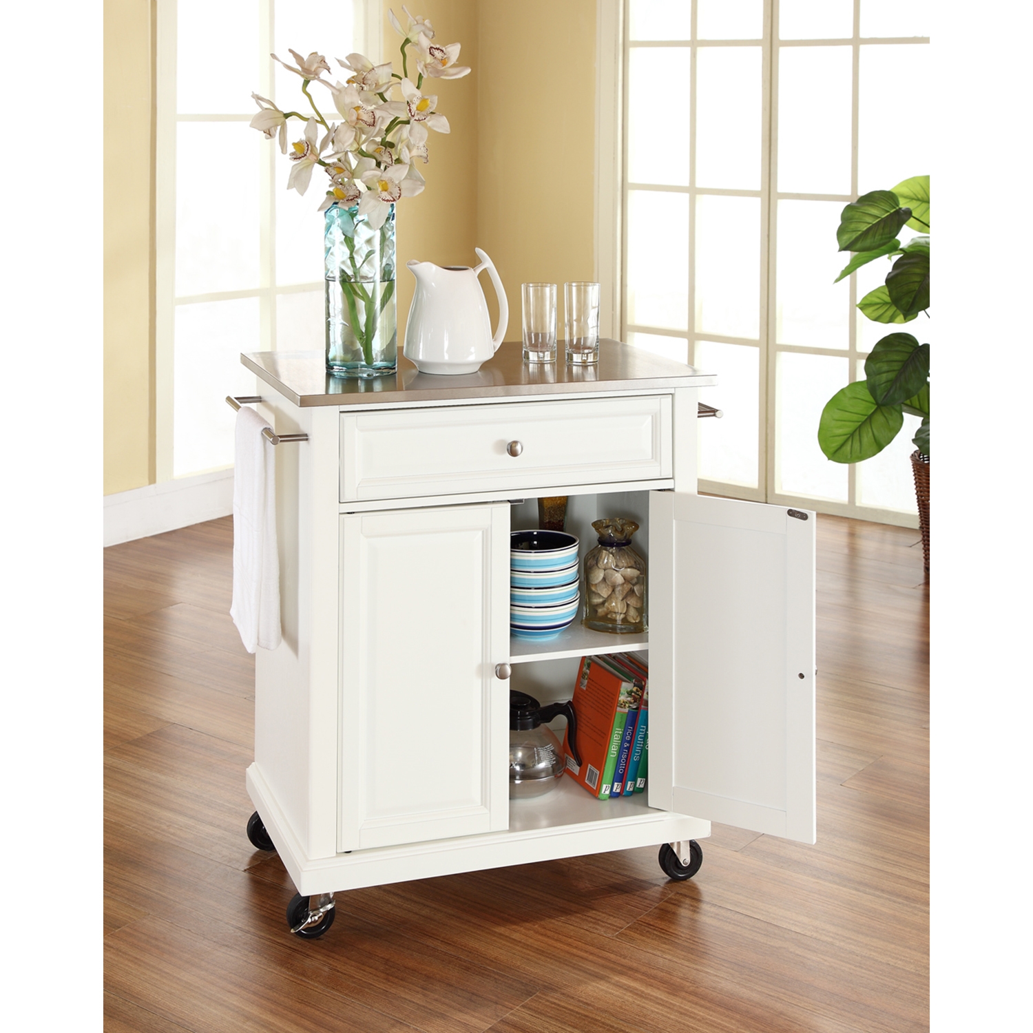 Stainless Steel Top Portable Kitchen Cart Island Casters White DCG   Kf30022ewh 2 