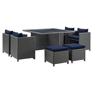 Sojourn 9 Pieces Outdoor Patio Set - Glass Top, Sunbrella Canvas Navy 