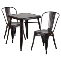 3 Pieces Square Metal Table Set - Stack Chairs, Black and Antique Gold