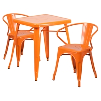 3 Pieces Square Metal Table Set - Arm Chairs, Orange