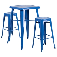 3 Pieces Square Metal Bar Set - Blue, Backless Barstools