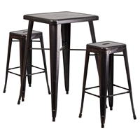 3 Pieces Square Metal Bar Set - Black and Antique Gold, Backless Barstools