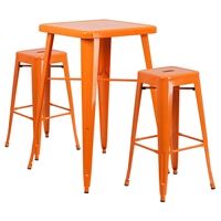 3 Pieces Square Metal Bar Set - Orange, Backless Barstools