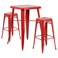 3 Pieces Square Metal Bar Set - Red, Backless Barstools