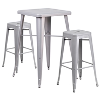 3 Pieces Square Metal Bar Set - Silver, Backless Barstools