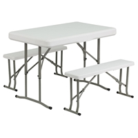 Plastic Folding Table and 2 Benches - White