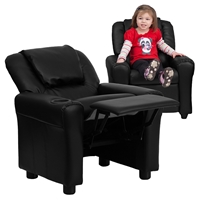 Leather Kid Recliner - Cup Holder, Headrest, Black