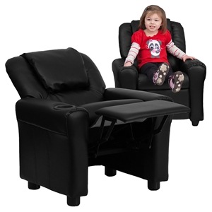 Leather Kid Recliner - Cup Holder, Headrest, Black 