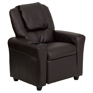 Leather Kid Recliner - Cup Holder, Headrest, Brown 