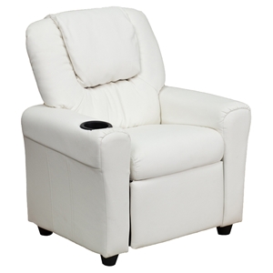 Faux Leather Kid Recliner - Cup Holder, Headrest, White 