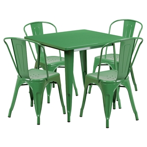 5 Pieces Square Metal Table Set - Stack Chairs, Green 