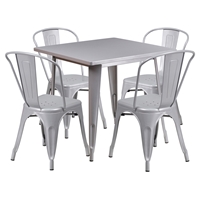 5 Pieces Square Metal Table Set - Stack Chairs, Silver