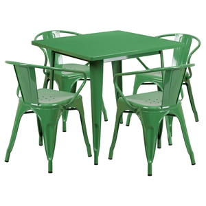 5 Pieces Square Metal Table Set - Arm Chairs, Green 