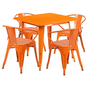 5 Pieces Square Metal Table Set - Arm Chairs, Orange 