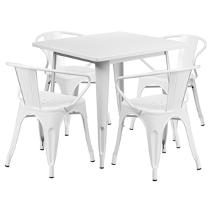 5 Pieces Square Metal Table Set - Arm Chairs, White 