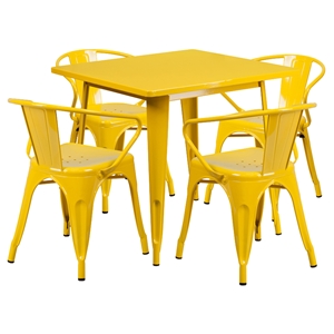 5 Pieces Square Metal Table Set - Arm Chairs, Yellow 