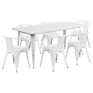 7 Pieces Rectangular Metal Table Set - Arm Chairs, White 