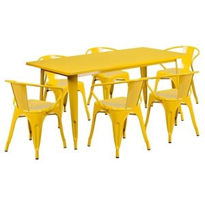 7 Pieces Rectangular Metal Table Set - Arm Chairs, Yellow 