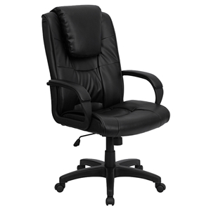 Executive Swivel Office Chair - Oversized Headrest, High Back, Black Leather 