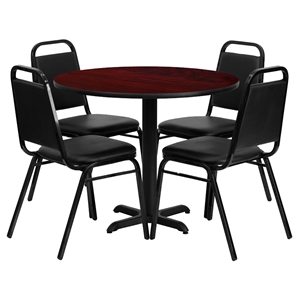 5 Pieces Round Table Set - Black Chairs, Mahogany Top 