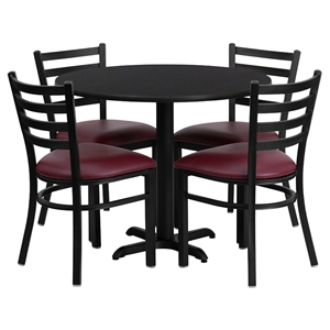 5 Pieces Round Table Set - Burgundy Seat, Black Top 