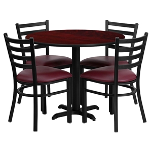 5 Pieces Round Table Set - Burgundy Seat, Mahogany Top 