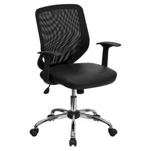 Mid Back Swivel Task Chair - Leather Padded Seat, Black Mesh 