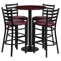 5 Pieces 30" Round Table Set - Burgundy Seat, Mahogany Top