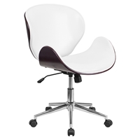 Mid Back Conference Chair - White Leather, Mahogany, Swivel