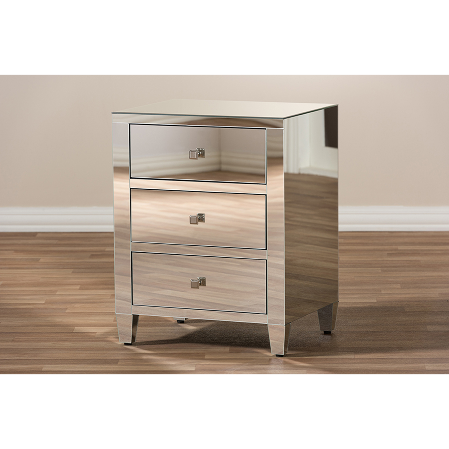 Rosalind 3 Drawers Nightstand Silver Mirrored Set of 2 DCG