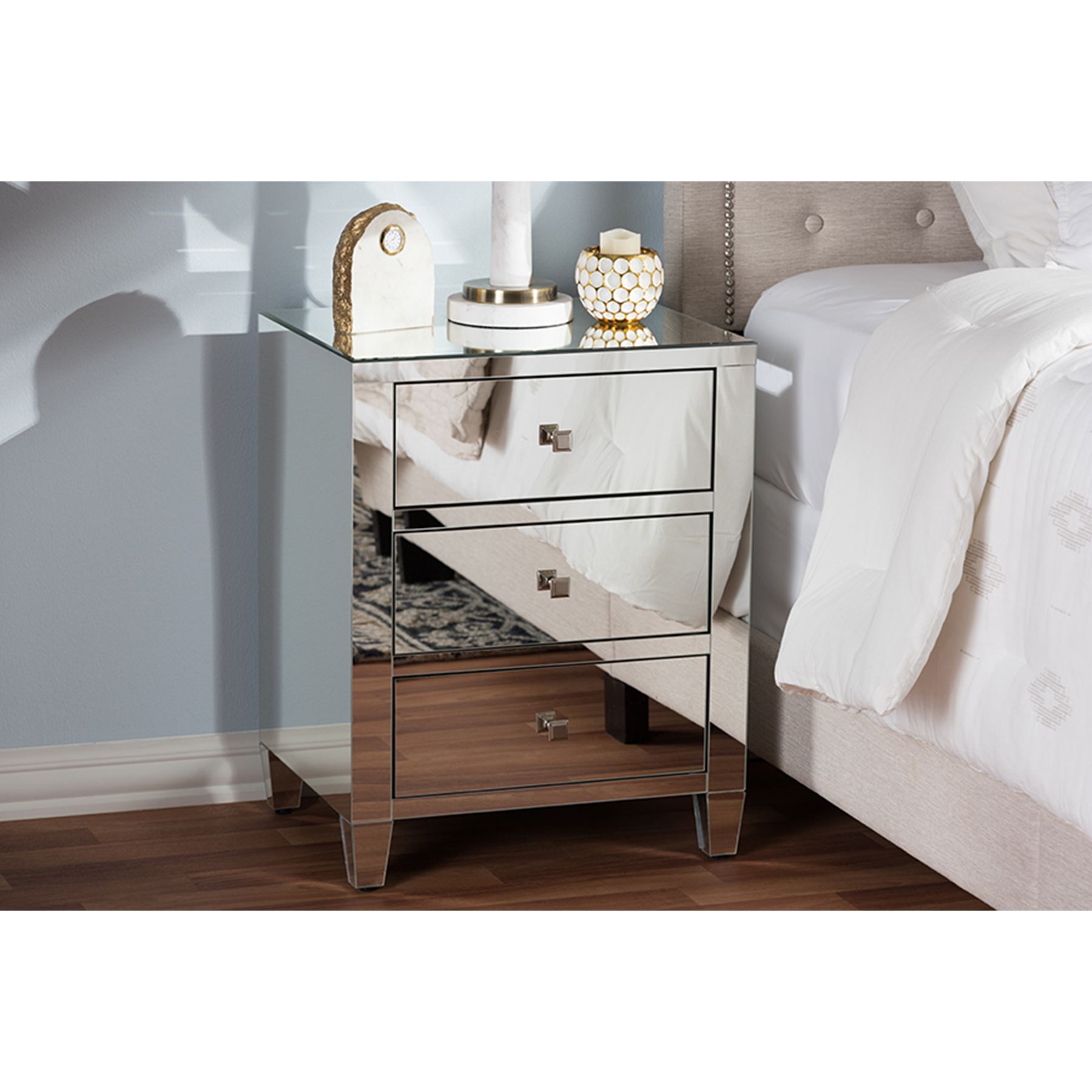 Rosalind 3 Drawers Nightstand Silver Mirrored Set of 2 DCG